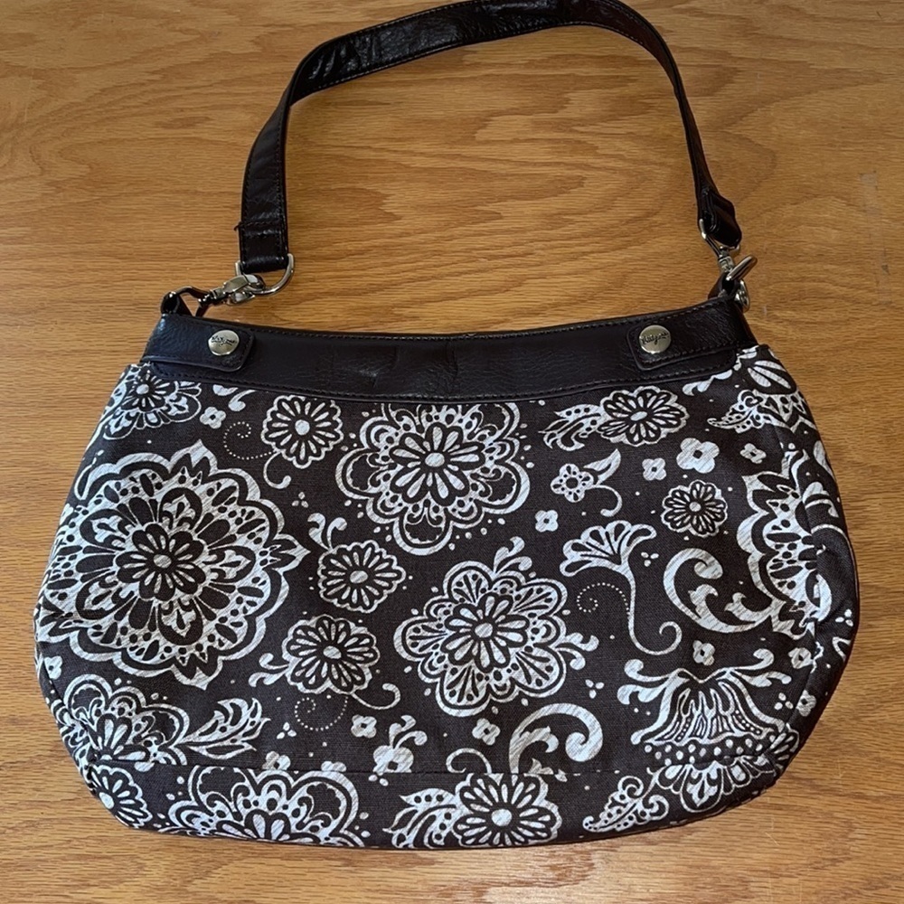 Thirty-One Brown & White Woodblock Floral Suite Skirt Purse - Picture 3 of 9